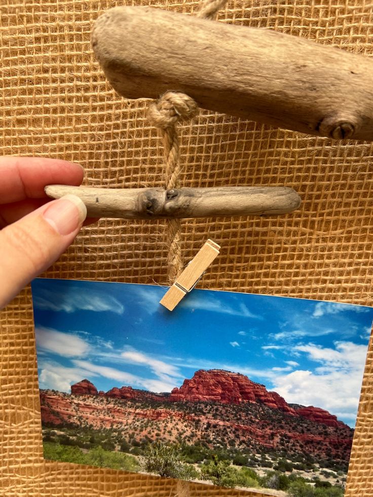 a hand holding a stick with a photo on it next to a piece of driftwood