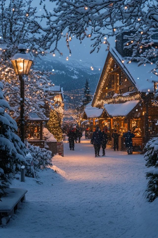 people walking down a snow covered path in front of a building with christmas lights on it