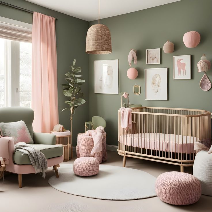 a baby's room with green walls and pink accents, including a crib