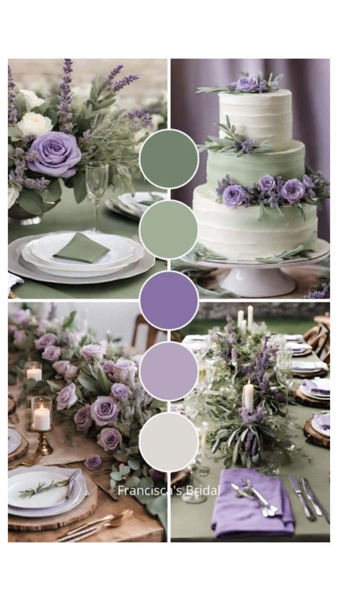 the table is set with purple flowers and greenery