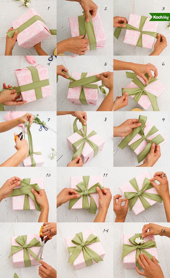 step by step instructions on how to make a wrapped gift box with ribbon and flowers