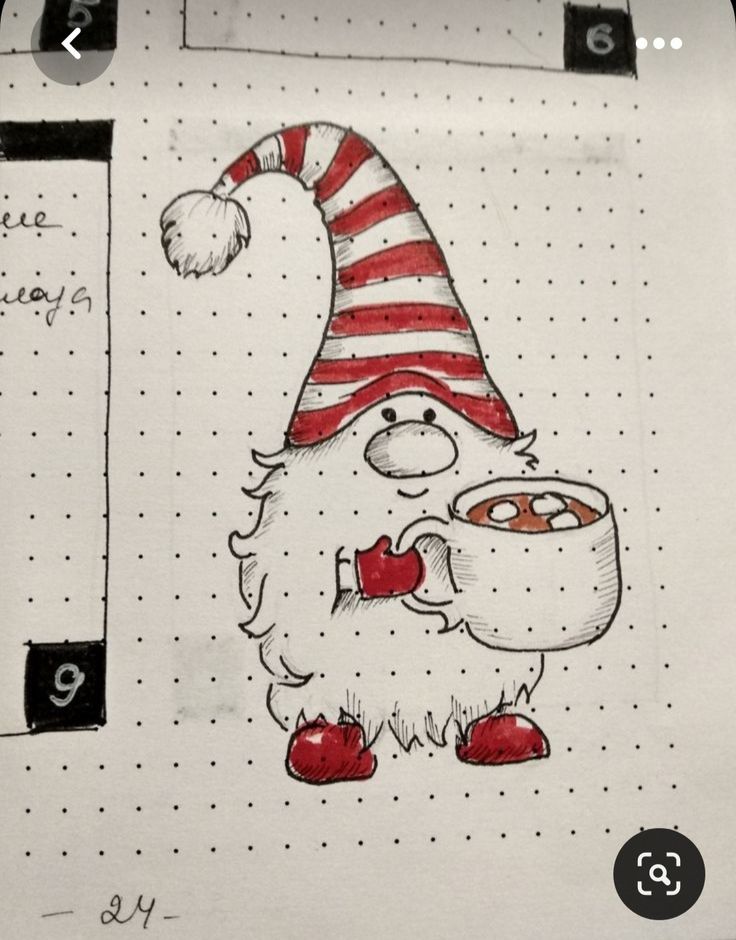 a drawing of a gnome holding a cup of coffee and wearing a red striped hat