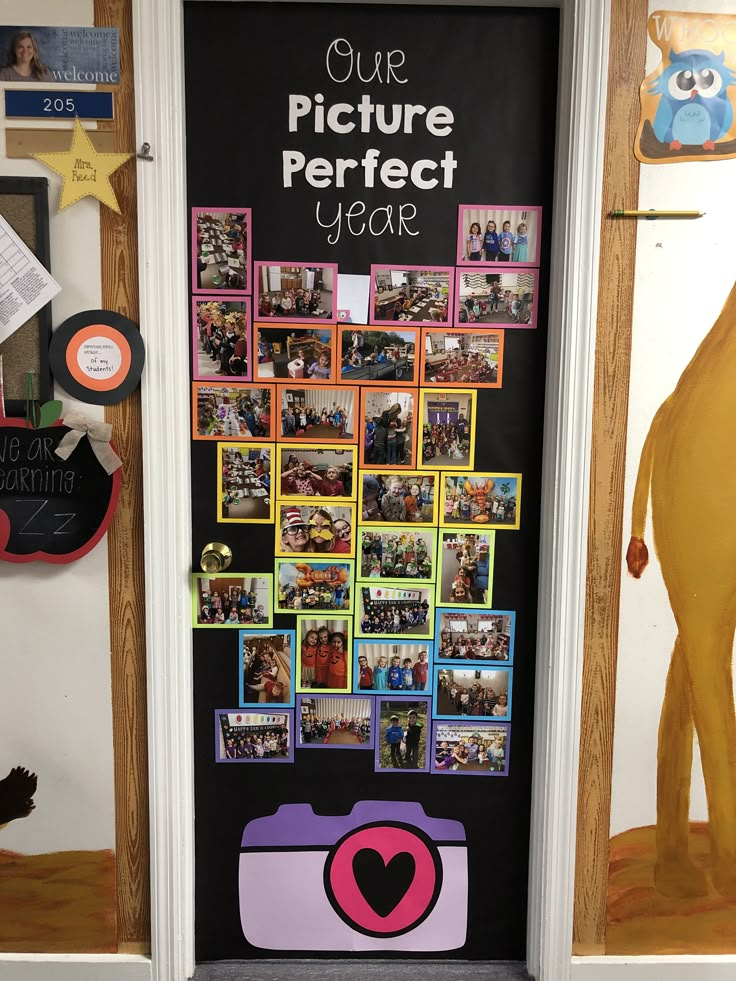 a door with pictures on it and the words our picture perfect year written in pink