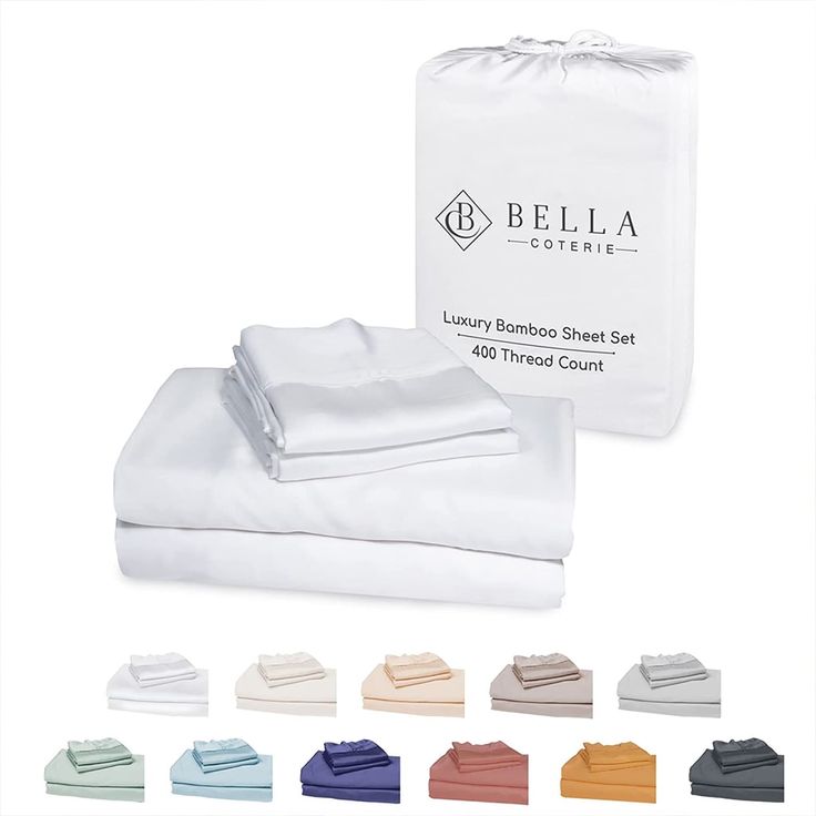 four sheets and two pillow cases are shown with the names of each product in different colors