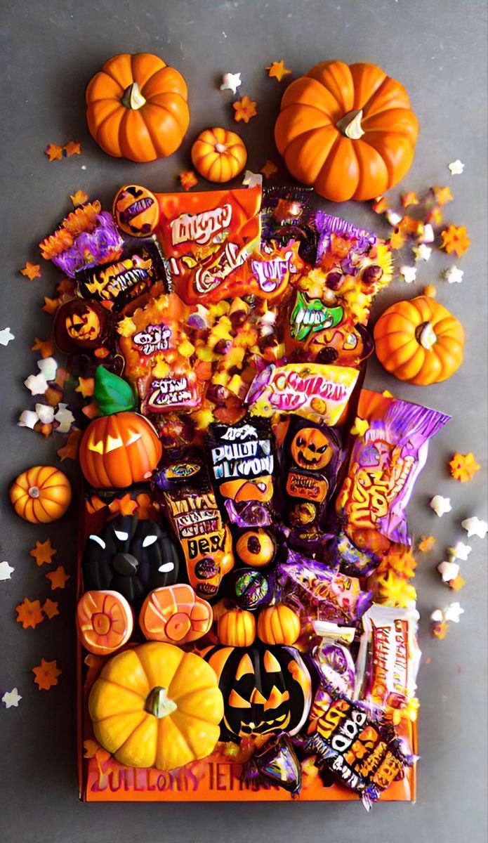 an assortment of halloween candy and candies on a gray surface with stars around it