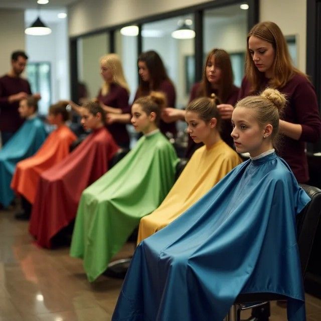 a group of young women sitting in front of each other while getting their hair cut