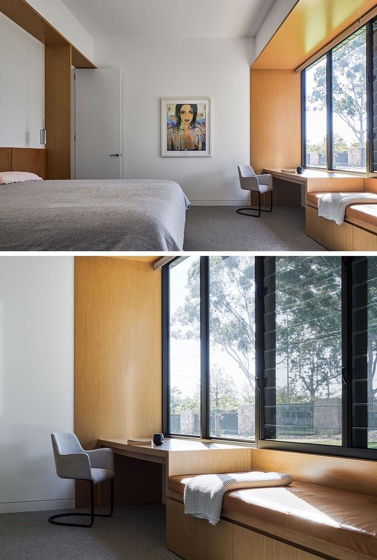 two pictures of a bedroom with wood paneling and white walls, one has a window that looks out onto the yard