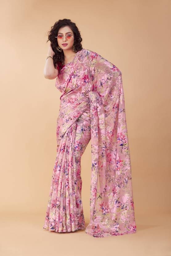 Buy GARDEN VARELI Floral Print Bollywood Brasso Pink Sarees Online @ Best Price In India | Flipkart.com Pink Sarees, Brasso Saree, Garden Vareli, Sarees With Price, Purple Teal, Pink Saree, Pink Sky, Viscose Fabric, Sarees Online