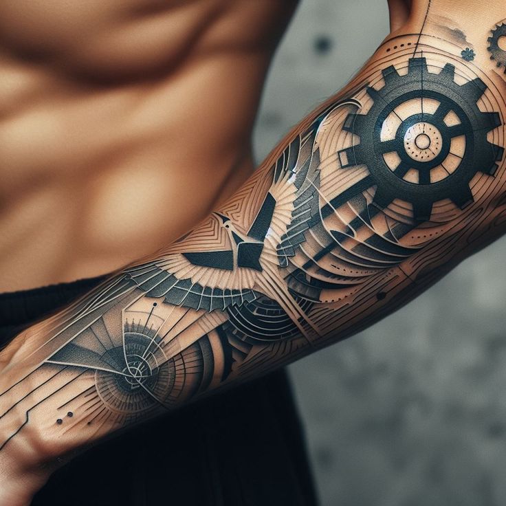 a man's arm with a clock and gears tattoo on it