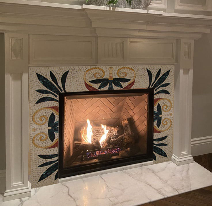 a fireplace that has some kind of tile on it