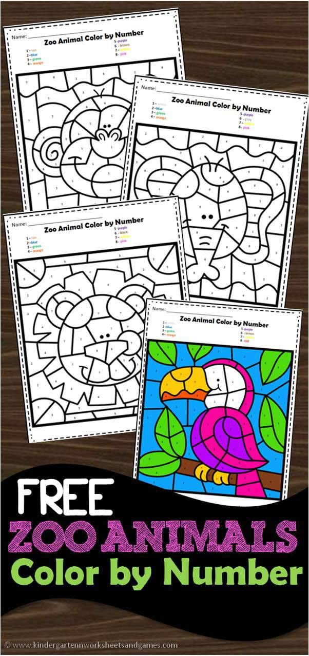 free zoo animals color by number worksheet for kids