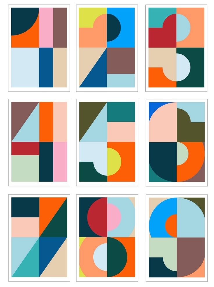 six squares with different colors and shapes on them, all arranged in the same pattern