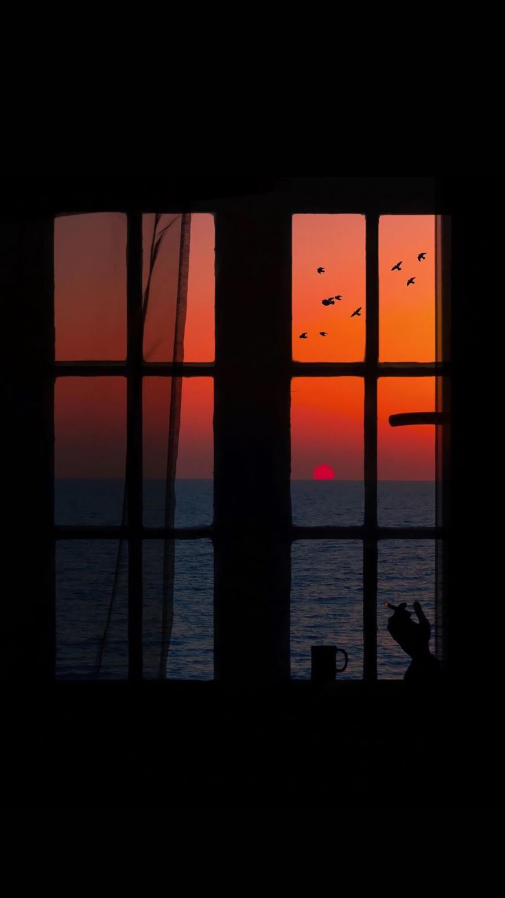 the sun is setting over the ocean from an open window with birds flying in the sky