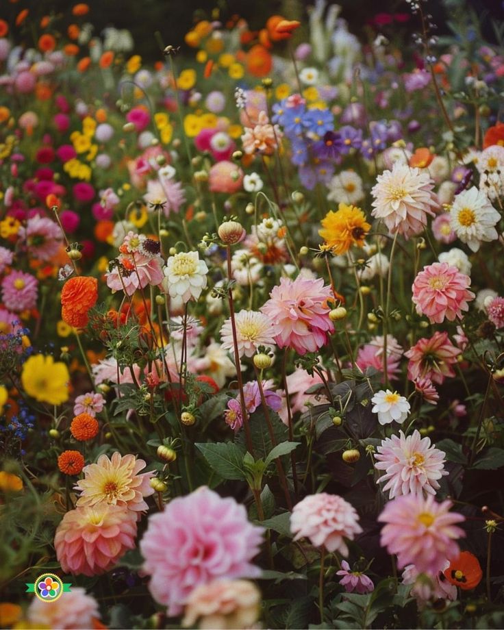 many different colored flowers in a field