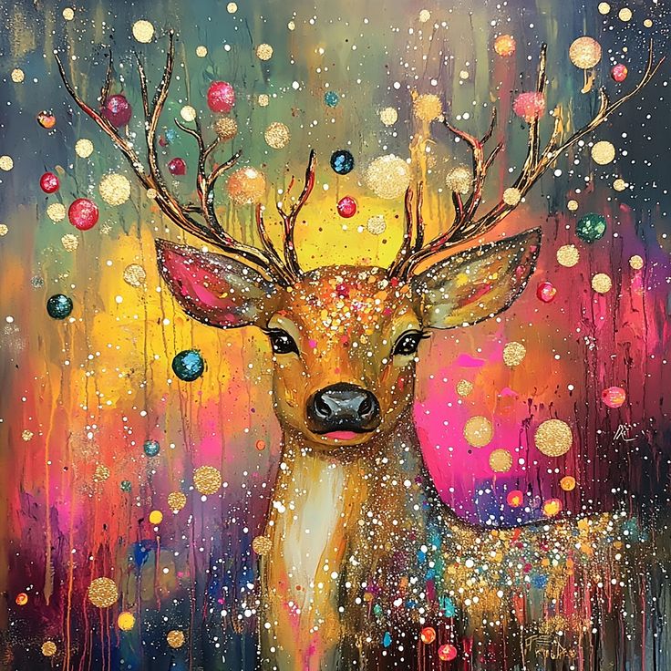 a painting of a deer with colorful lights on it's head and antlers