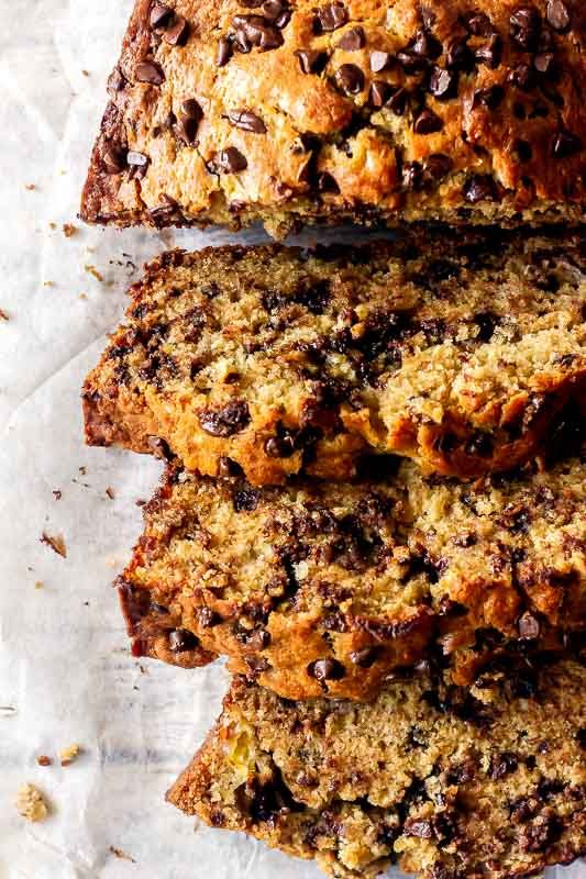 three slices of chocolate chip banana bread