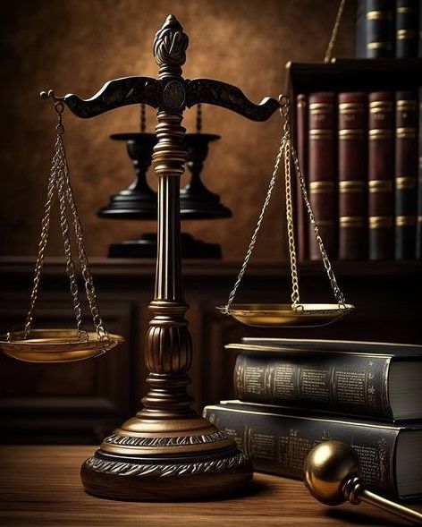 a wooden balance scale sitting on top of a table next to books and a gaven