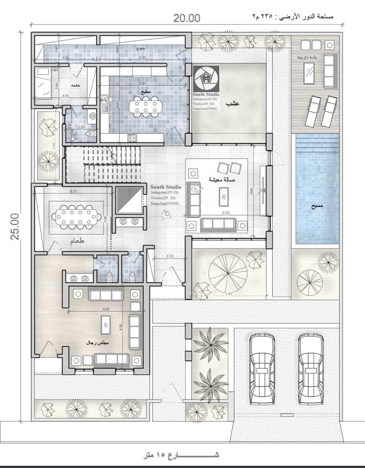 the floor plan for a house with two levels and an attached swimming pool in the middle