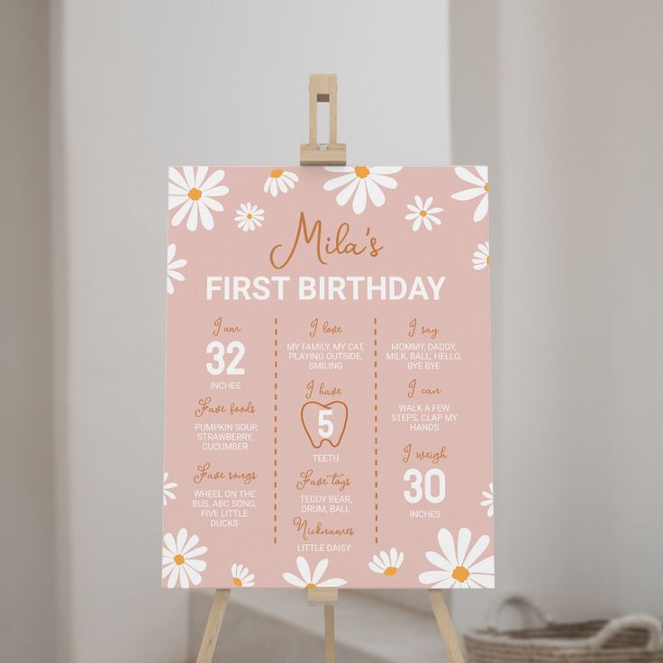 a pink first birthday sign with daisies on it sitting on a wooden easel