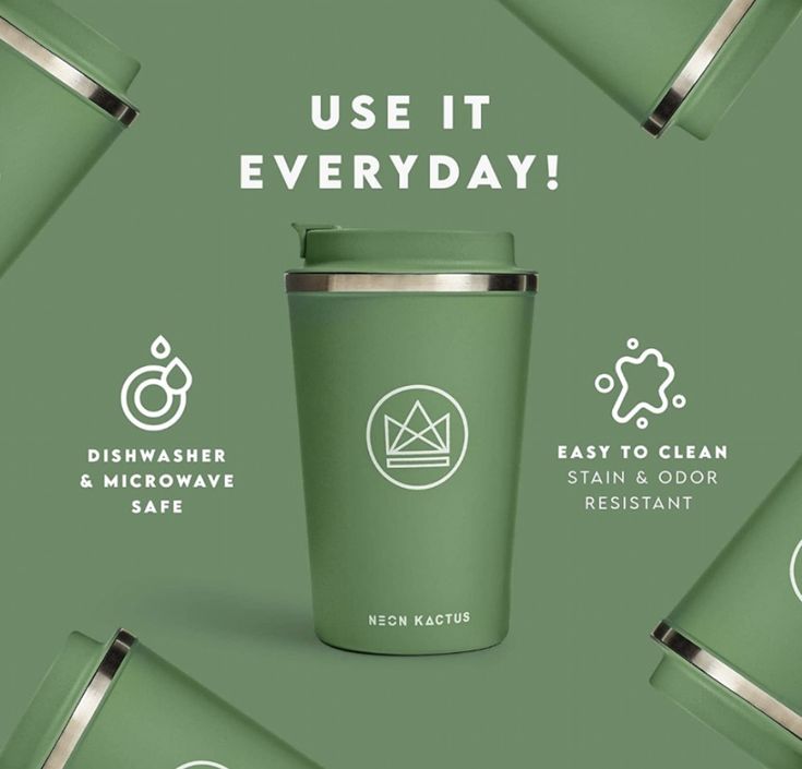 a green cup with the words use it everyday on it and several cups around it