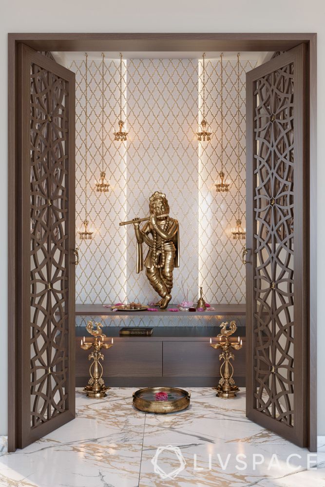 an open door leading to a statue in a room