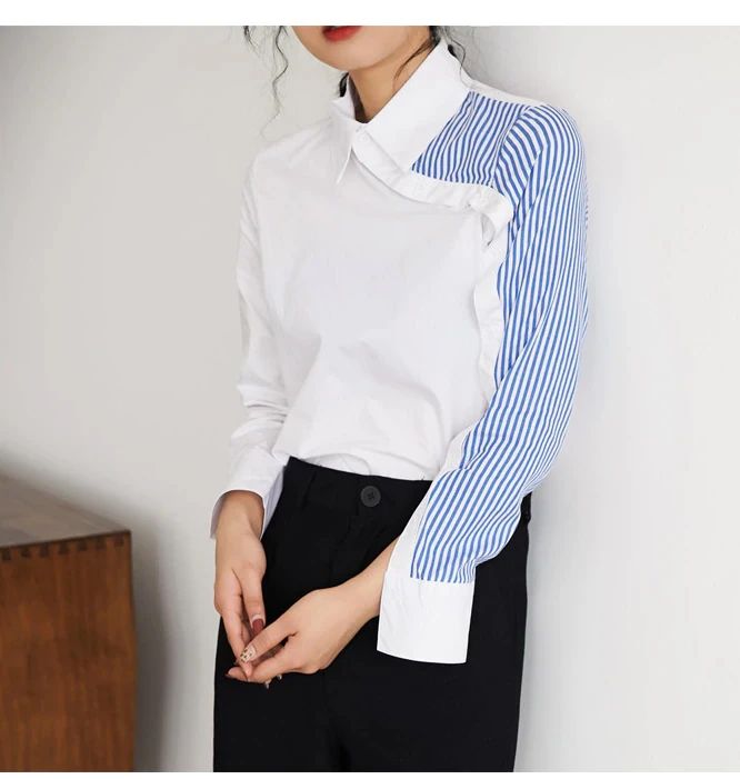 Side Striped Patchwork Blouse Shirt – Tomscloth Tops Stylish, Winter Typ, Patch Work Blouse, Trendy Tops For Women, Stripe Outfits, Leisure Fashion, Fitted Blouses, Striped Long Sleeve Shirt, Work Wear Women