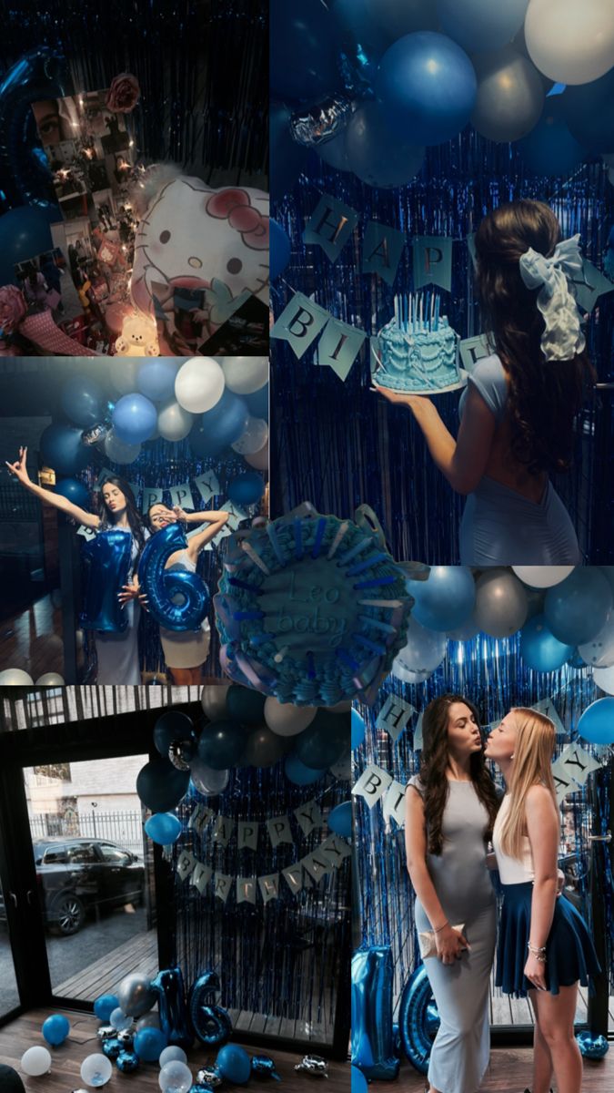 two women standing next to each other in front of balloons