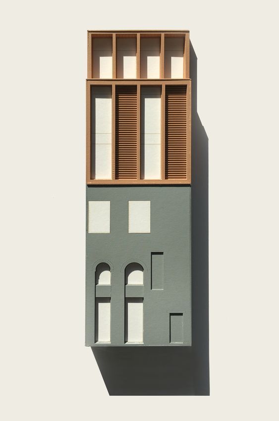 an architectural model of a building with windows and shutters