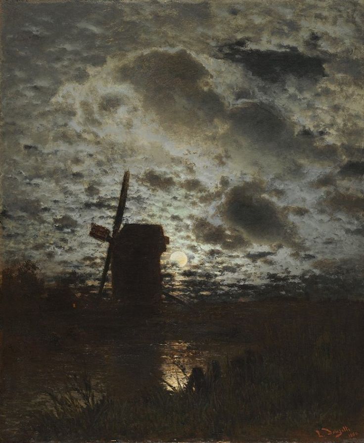 a painting of a windmill in the middle of a field with dark clouds above it