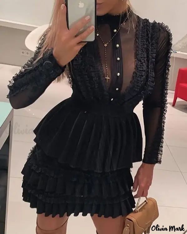 Olivia Mark – Vestido abotonado de malla con volantes y cuello de camisa Black Lace Party Dress, Buttoned Dress, Lace Party Dresses, Ruffle Mini Dress, Lace Dress Black, Mini Dress Casual, Long Sleeve Turtleneck, Trend Fashion, Black Ruffle