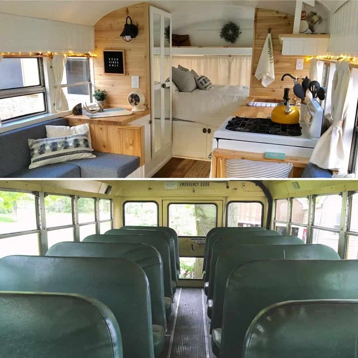 the inside and outside of a bus that has been converted into a camper home