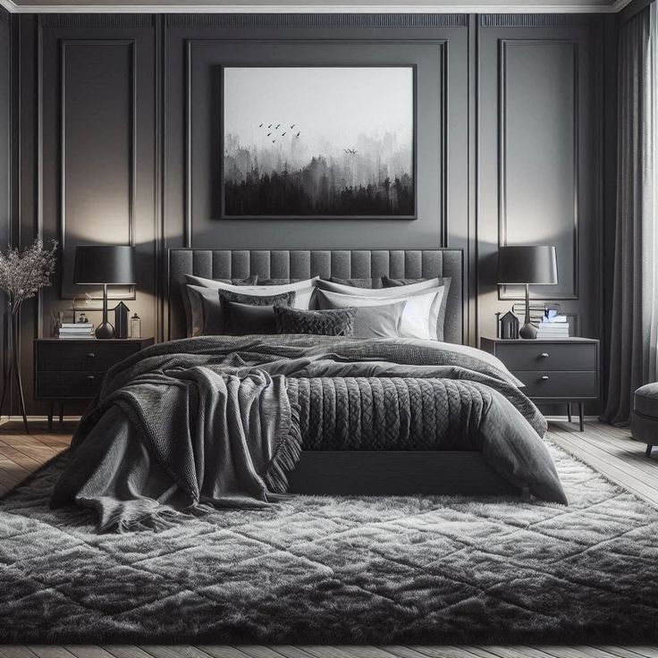 a bedroom with dark gray walls and white bedding