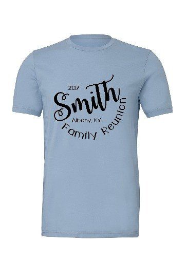 Family Reunion Name Screen Printed Tee Shirts Custom Text T-shirt For Family Gatherings, Custom Text Crew Neck T-shirt For Family Reunion, Custom Text Crew Neck T-shirt For Family Gatherings, Custom Text Crew Neck Tops For Family Gatherings, Summer Crew Neck T-shirt For Family Events, Customizable Crew Neck Tops For Family Reunion, Custom Print Crew Neck T-shirt For Family Events, Family Event Graphic Print Crew Neck Shirt, Summer Crew Neck T-shirt For Family Gatherings