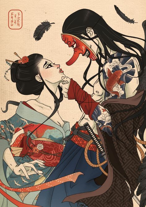 two women dressed in traditional japanese clothing, one with long hair and the other with feathers on her head