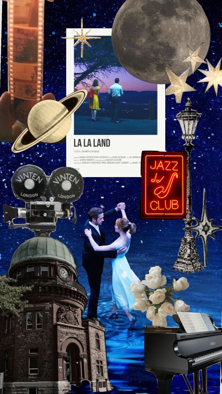 a collage of various items including a piano, clock and stars