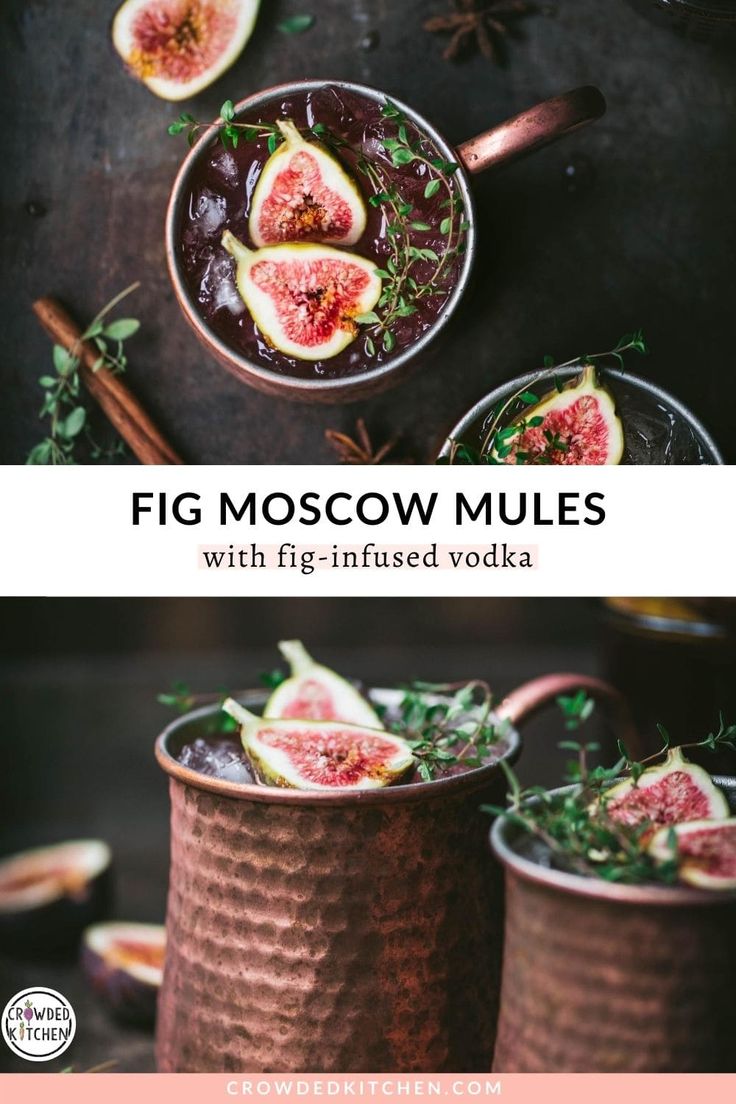 fig moscow mules with fig - infused vodka, served in copper cups and garnished with fresh herbs