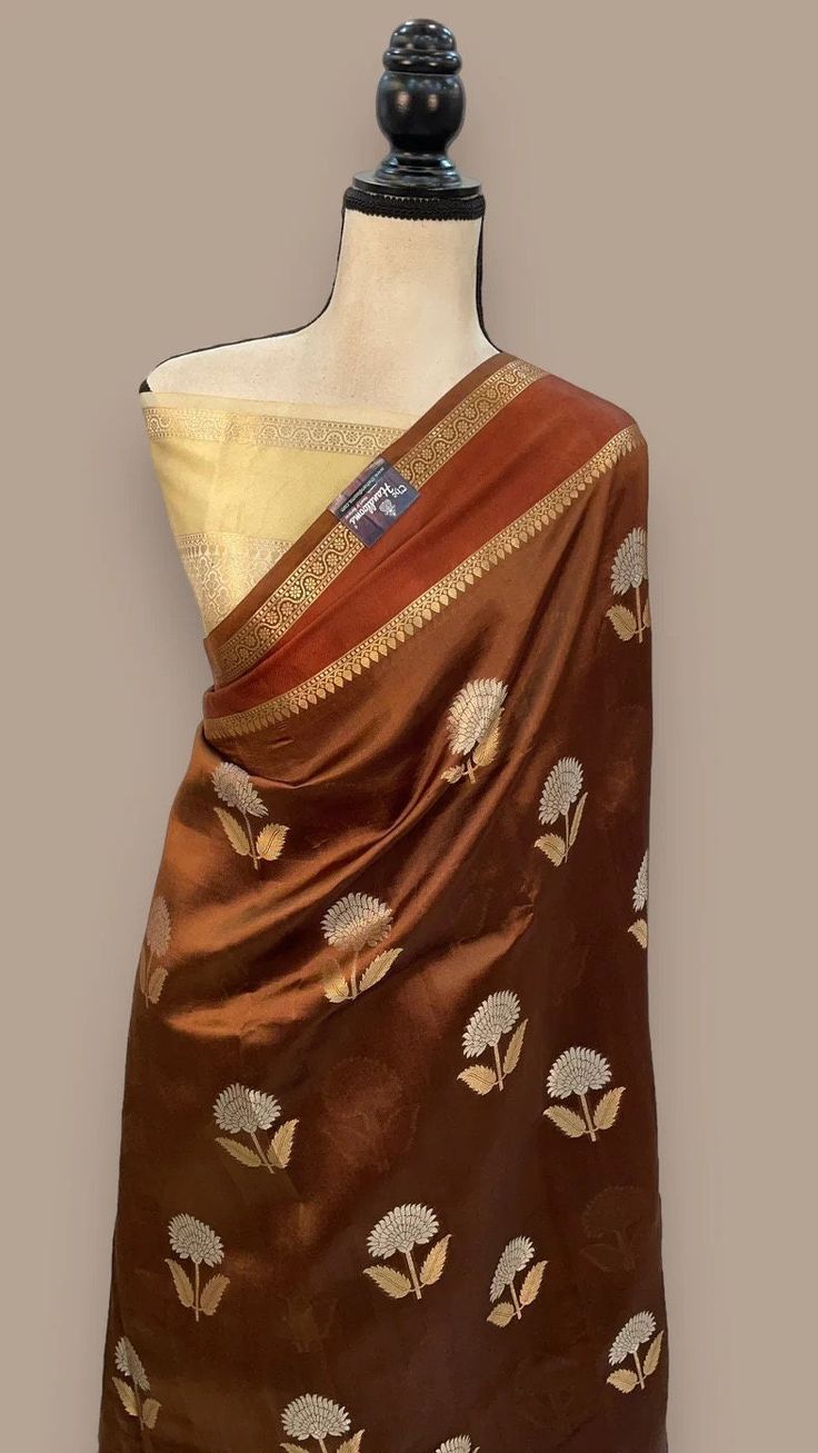 Pure Raw Mango Silk Banarasi Handloom Saree Brown Raw Silk Traditional Wear With Pallu, Festive Brown Raw Silk Traditional Wear, Chanderi Silk Scarf With Zari Work In Traditional Drape, Chanderi Silk Scarf With Zari Work, Brown Pallu Traditional Wear For Puja, Traditional Brown Dupatta With Zari Work, Brown Traditional Wear With Pallu For Puja, Traditional Brown Wear With Pallu, Festive Brown Dupatta With Zari Work