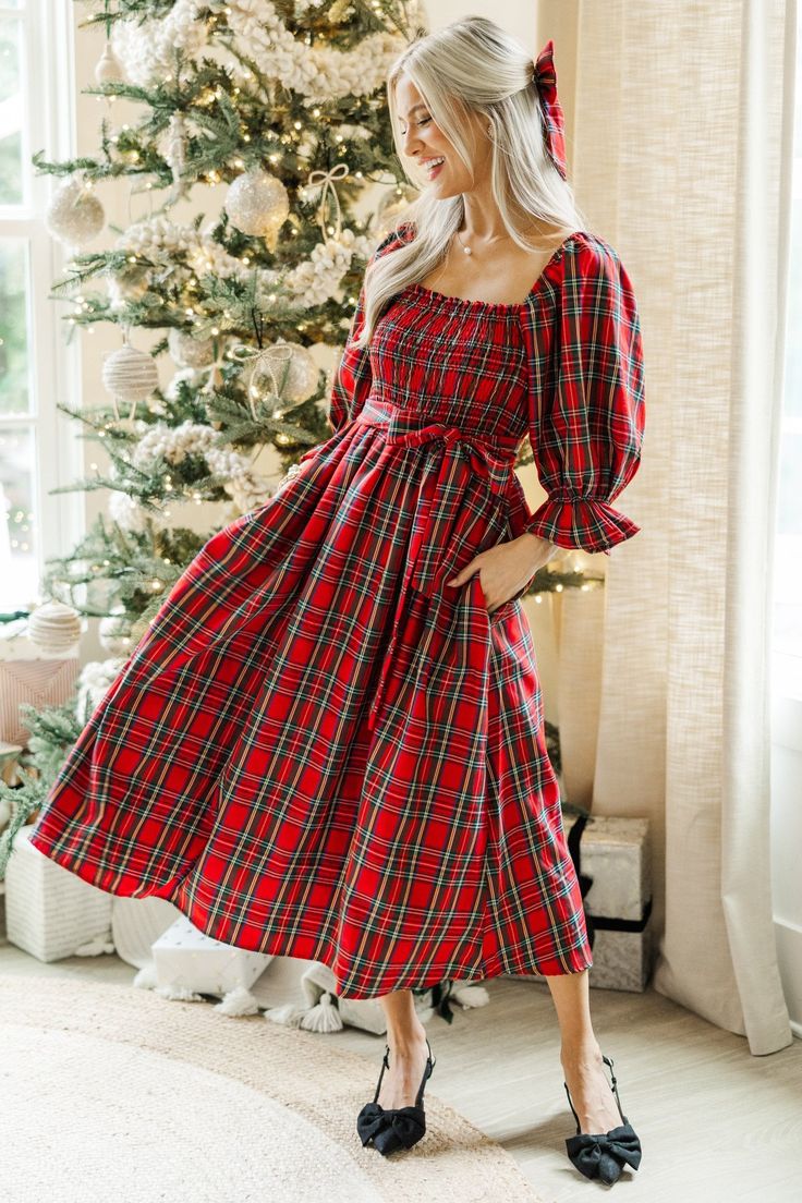 shop the mint, trendy online boutique, boutique clothing Fall Holiday Midi Dress, Winter Holiday Midi Dress, Plaid Christmas Holiday Dress, Plaid Dress For Christmas Holiday, Knee-length Fall Holiday Dress, Casual Midi Dress For Holiday, Midi-length Plaid Dress For Fall, Fall Gingham Plaid Midi Dress, Plaid Dresses For Fall Holiday