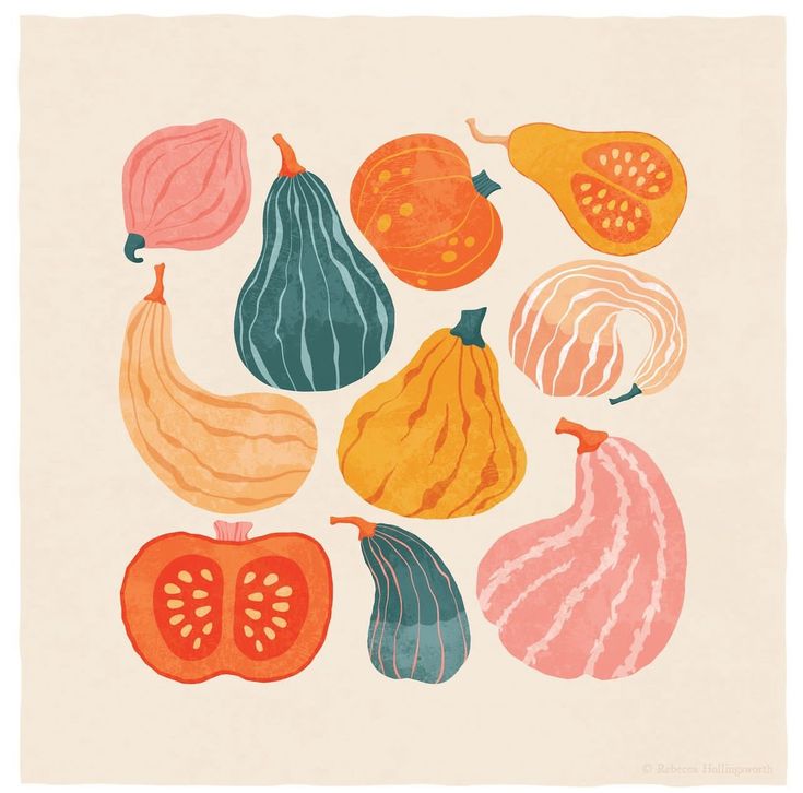 an illustration of different types of vegetables on a white background with oranges and pinks