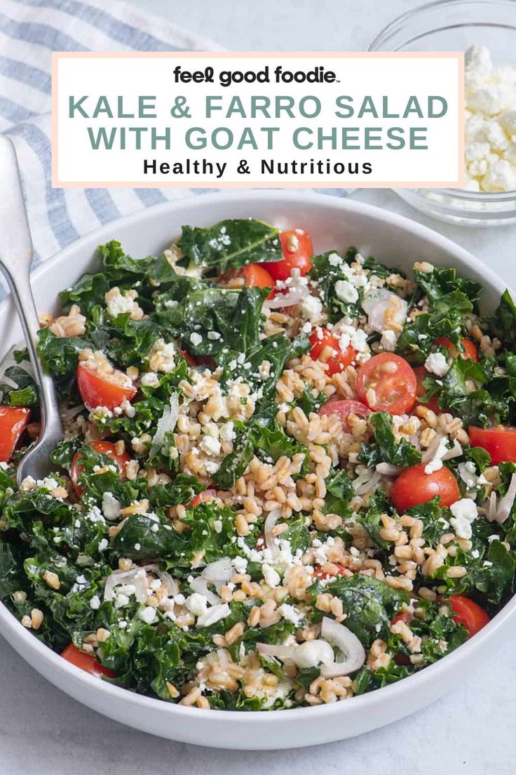 kale and faro salad with goat cheese, healthy & nutritious in a bowl