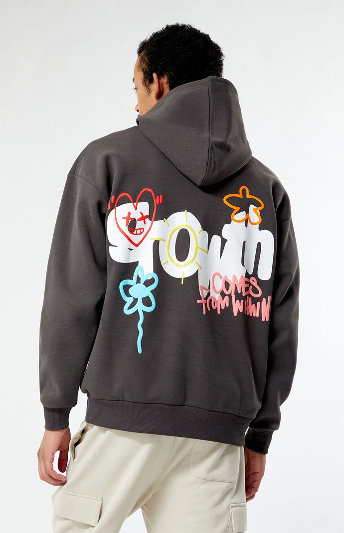 Step up your hoodie game with the Home Grown Hoodie from PacSun. This hoodie features a fixed hood, long sleeves, a kangaroo pocket, a standard fit, and a soft fleece fabrication for ultimate comfort. The puff graphics on the front and back add a touch of style, making it the perfect choice for a cozy and trendy look.   	Hooded neckline 	Long sleeves 	Standard fit 	Kangaroo pocket 	Puff graphics front & back 	50% Cotton, 50% polyester 	Machine washable 	Model is wearing size medium 	Model Measurements: 6'2” Height, 28" Waist, 32” Inseam Sleeve Print Hoodie, Multi Colored Hoodie, Sweatshirts For Men Casual Styles, Trending Hoodie Designs, Men’s Graphic Hoodie, Back Of Sweatshirt Designs, Men Hoodies Aesthetic, Aesthetic Hoodies Men, Men’s Hoodies