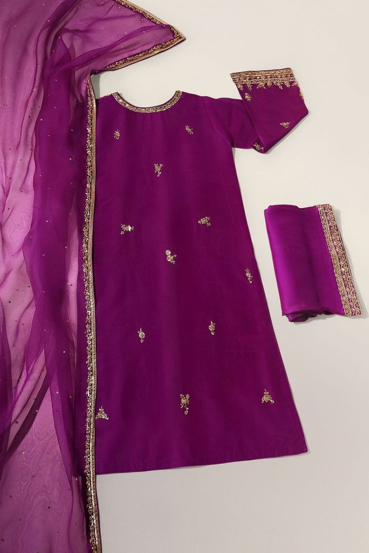 Designer Purple Kurta With Cutdana Details, Elegant Purple Kurta With Sheer Dupatta, Purple Bollywood Raw Silk Sharara, Bollywood Purple Raw Silk Sharara, Designer Art Silk Purple Kurta, Bollywood Style Purple Raw Silk Sharara, Purple Silk Sharara With Dupatta, Purple Chanderi Sharara With Traditional Drape, Purple Silk Set With Sheer Dupatta