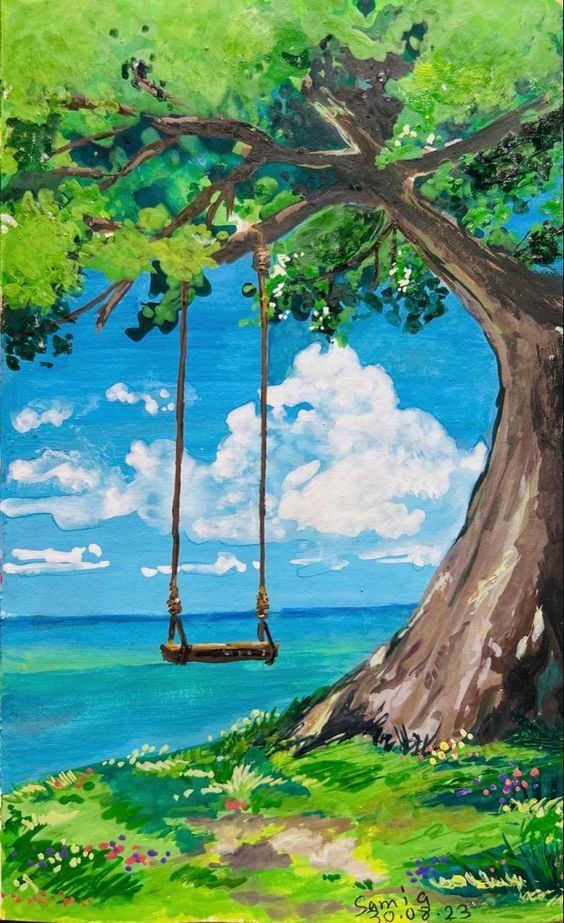 a painting of a tree with two swings hanging from it's branches and the ocean in the background