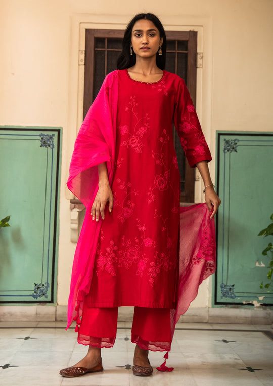 Vaayu | Coral Kurta With Pant | INDIASPOPUP.COM Diwali Palazzo Set With Floral Embroidery And Straight Kurta, Floral Embroidered Palazzo Set With Straight Kurta For Diwali, Straight Kurta Pant Set With Zari Work For Spring, Spring Pant Set With Zari Work And Straight Kurta, Spring Designer Pant Set With Dupatta, Anarkali Pant Set With Floral Embroidery For Diwali, Festive Cotton Silk Sets With Floral Embroidery, Spring Embroidered Cotton Silk Salwar Kameez, Mulmul Palazzo Set With Floral Embroidery