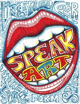 the words speak art are painted on top of an open mouth with red and blue lips