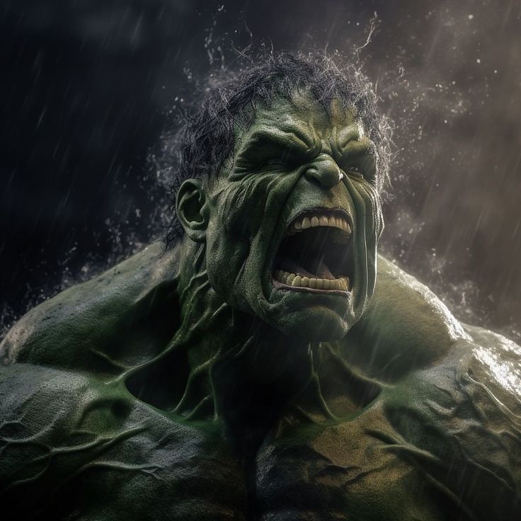 the incredible hulk from avengers is shown in this scene with water splashing over his face