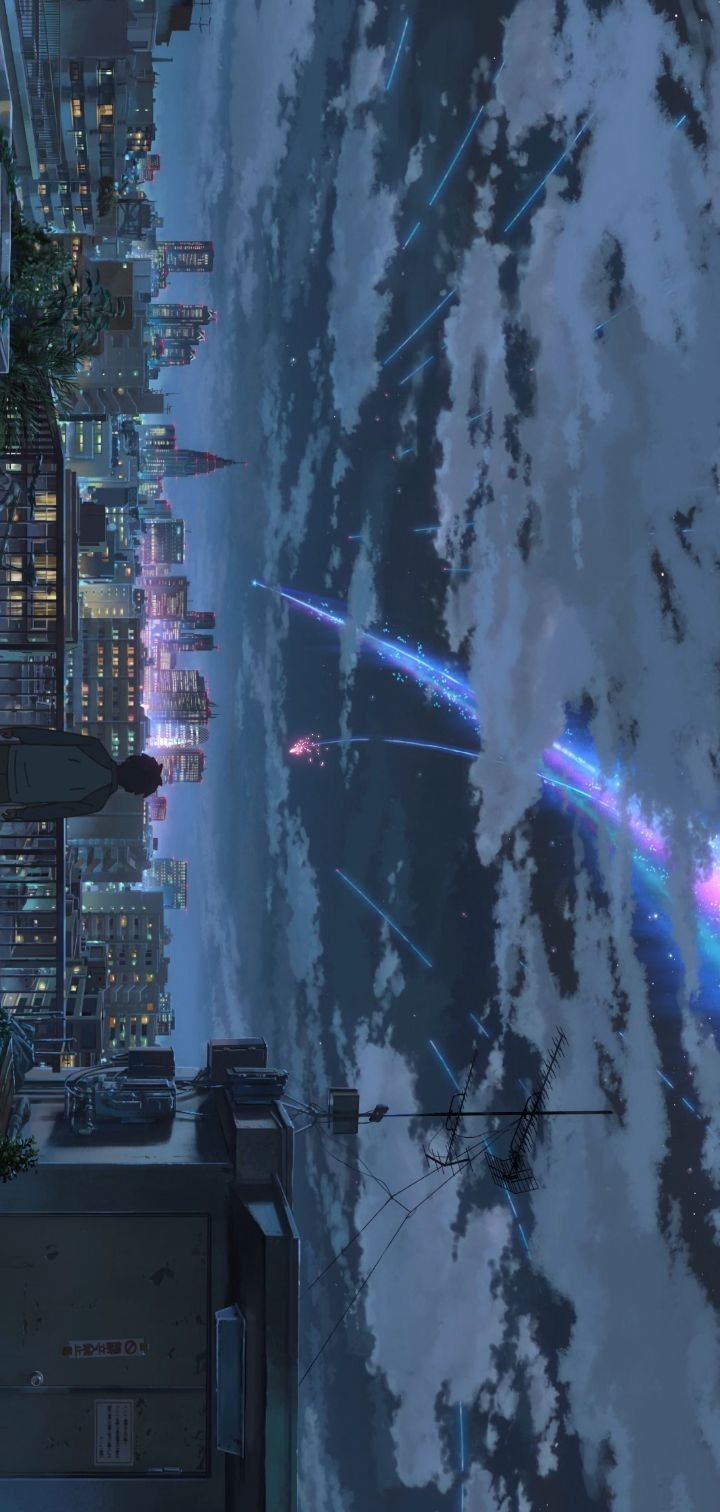 an image of a futuristic city by the ocean at night with bright lights in the sky