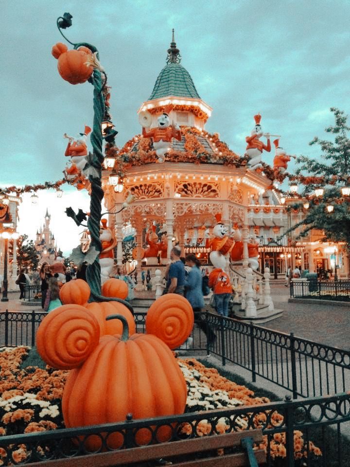 an amusement park with pumpkins on the ground