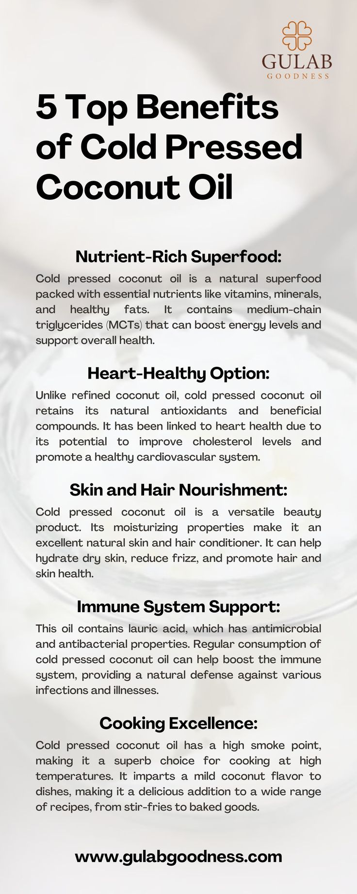 Unlock the secrets of nature's gift with "5 Positive Benefits of Cold Pressed Coconut Oil." This engaging infographic highlights the exceptional qualities of cold pressed coconut oil that make it a must-have in your daily life. Learn how it can boost your health, nourish your skin and hair, and elevate your cooking skills to a whole new level. Embrace the power of this nutrient-rich superfood and enhance your well-being with the help of cold pressed coconut oil! Groundnut Oil, Cold Pressed Coconut Oil, Refined Coconut Oil, Cold Pressed Oil, Male Fertility, Boost Energy Levels, Cardiovascular System, Cooking Skills, Cholesterol Levels