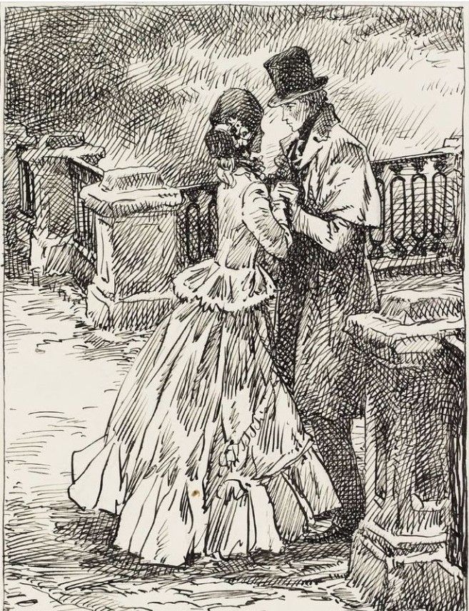 an old drawing of a man and woman standing next to each other on a bridge